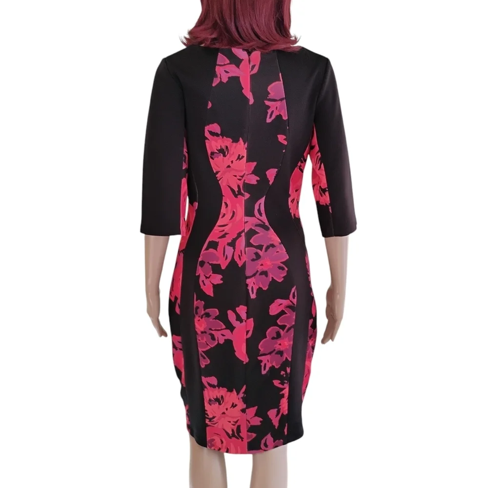 Signature By Sangria Floral Black and Pink Scuba Dress Size 8 - Picture 9 of 13